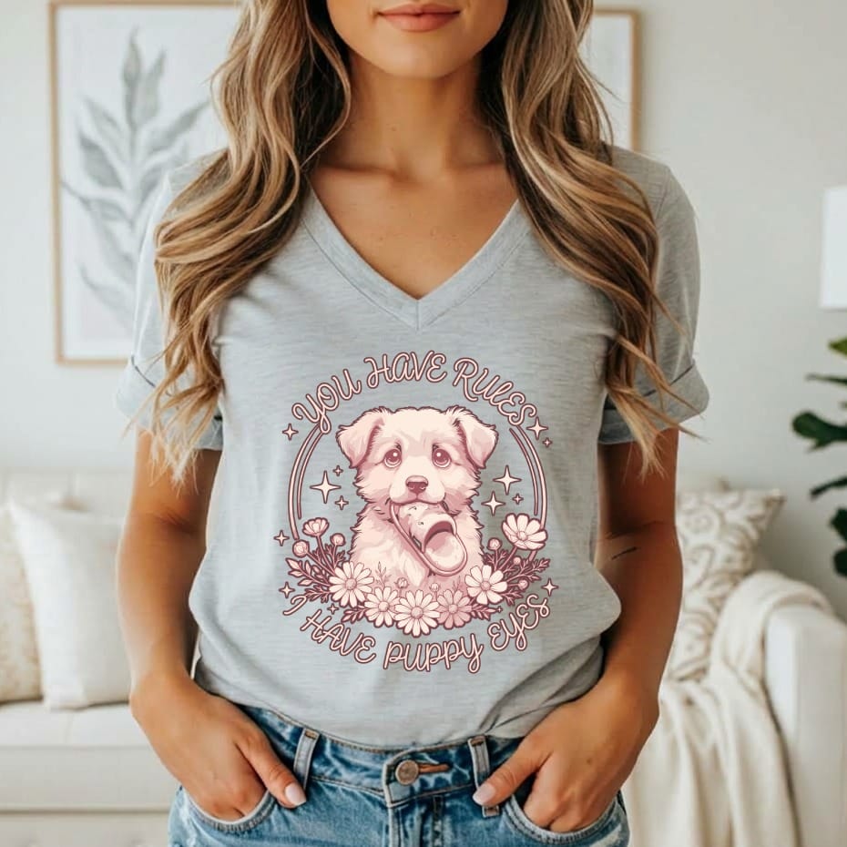 "You Have Rules, I Have Puppy Eyes" text with a dog holding a shoe, surrounded by flowers.