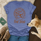 Blue t-shirt with "Fortune Favors the Dog" text and running dog graphic.