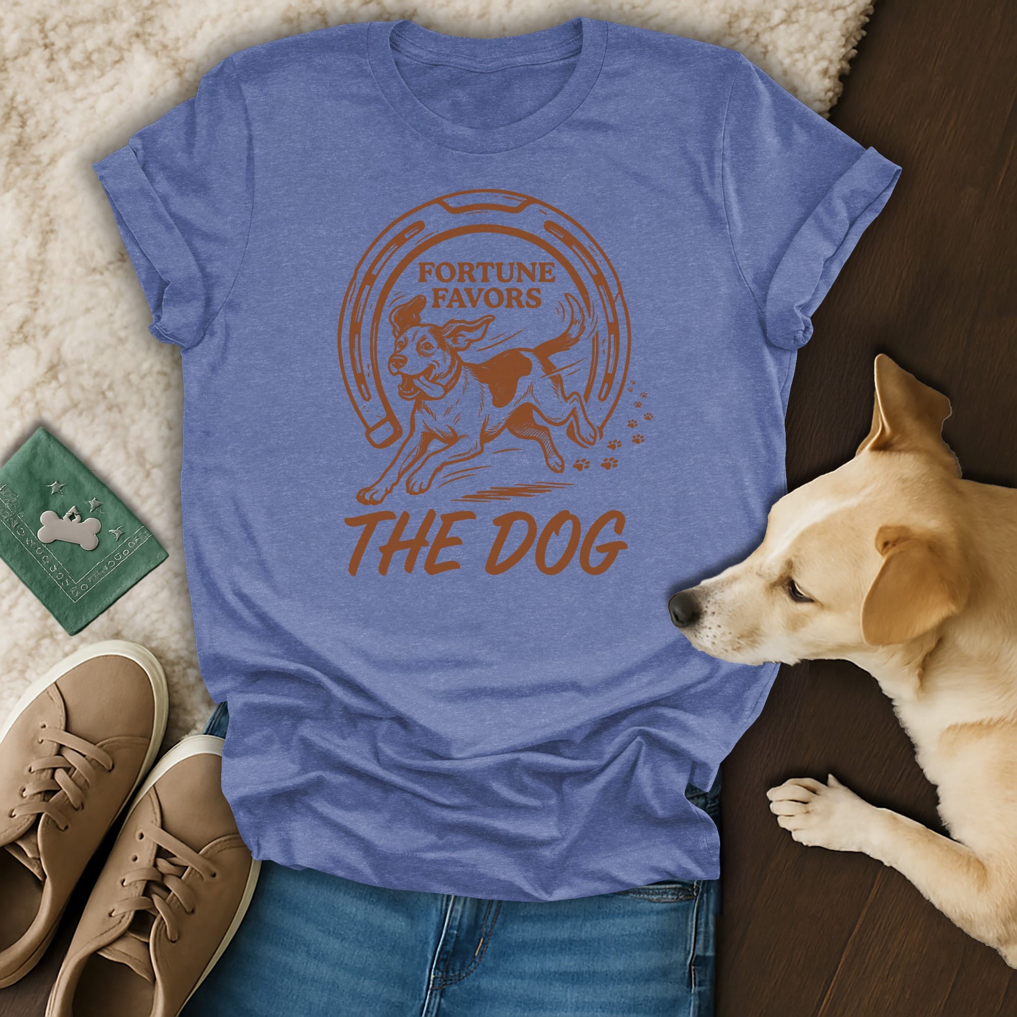 Blue t-shirt with "Fortune Favors the Dog" text and running dog graphic.
