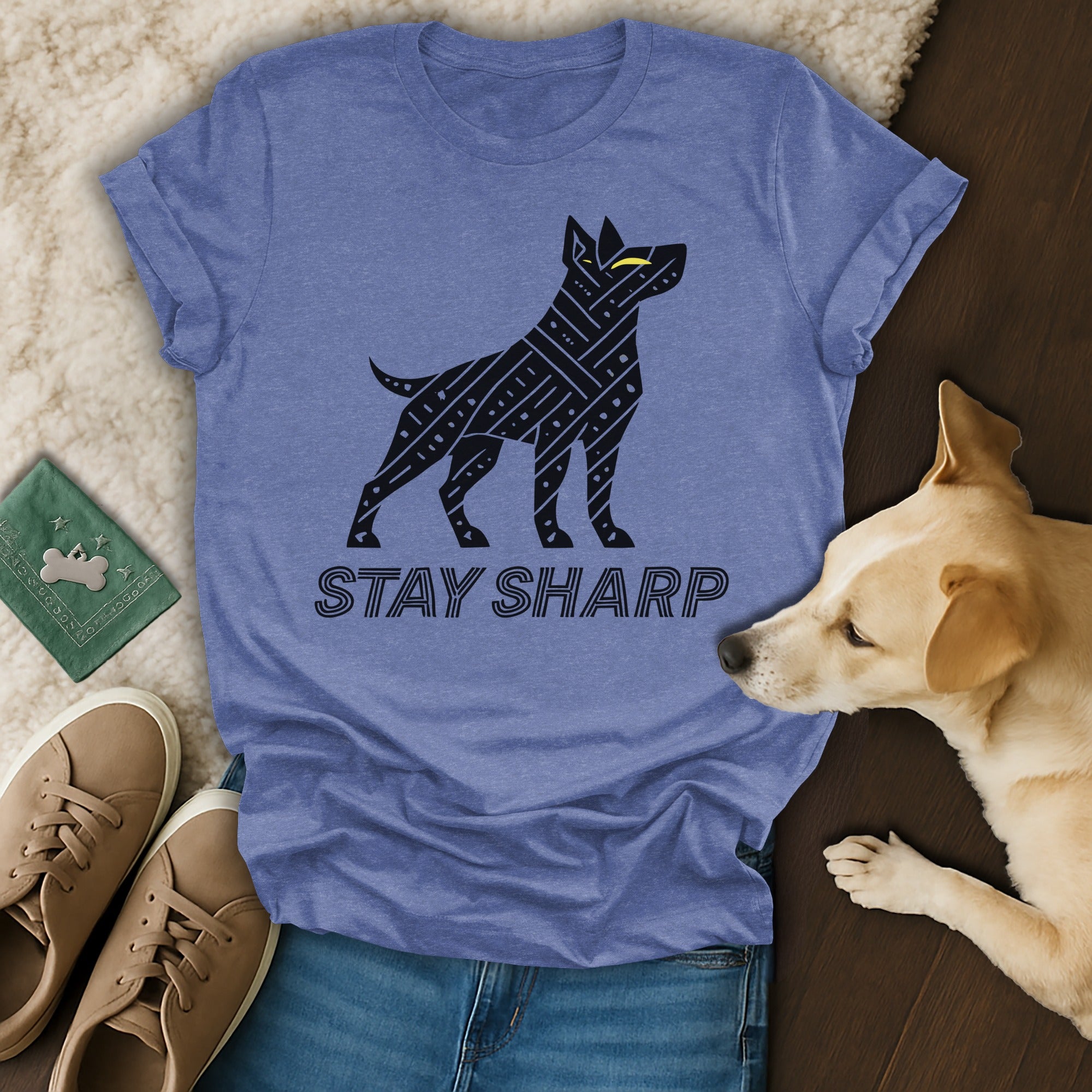 Stay Sharp Design T-Shirt Featuring Bold Dog Graphic