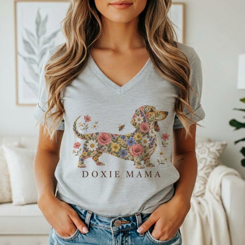 A woman wears a grey V-neck t-shirt featuring a floral dachshund graphic and the text DOXIE MAMA.