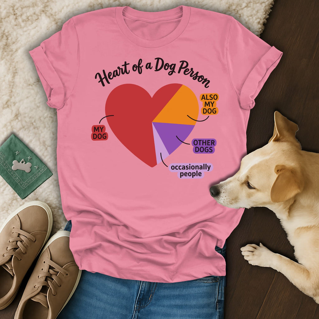 Pink t-shirt with "Heart of a Dog Person" and dog-themed pie chart.