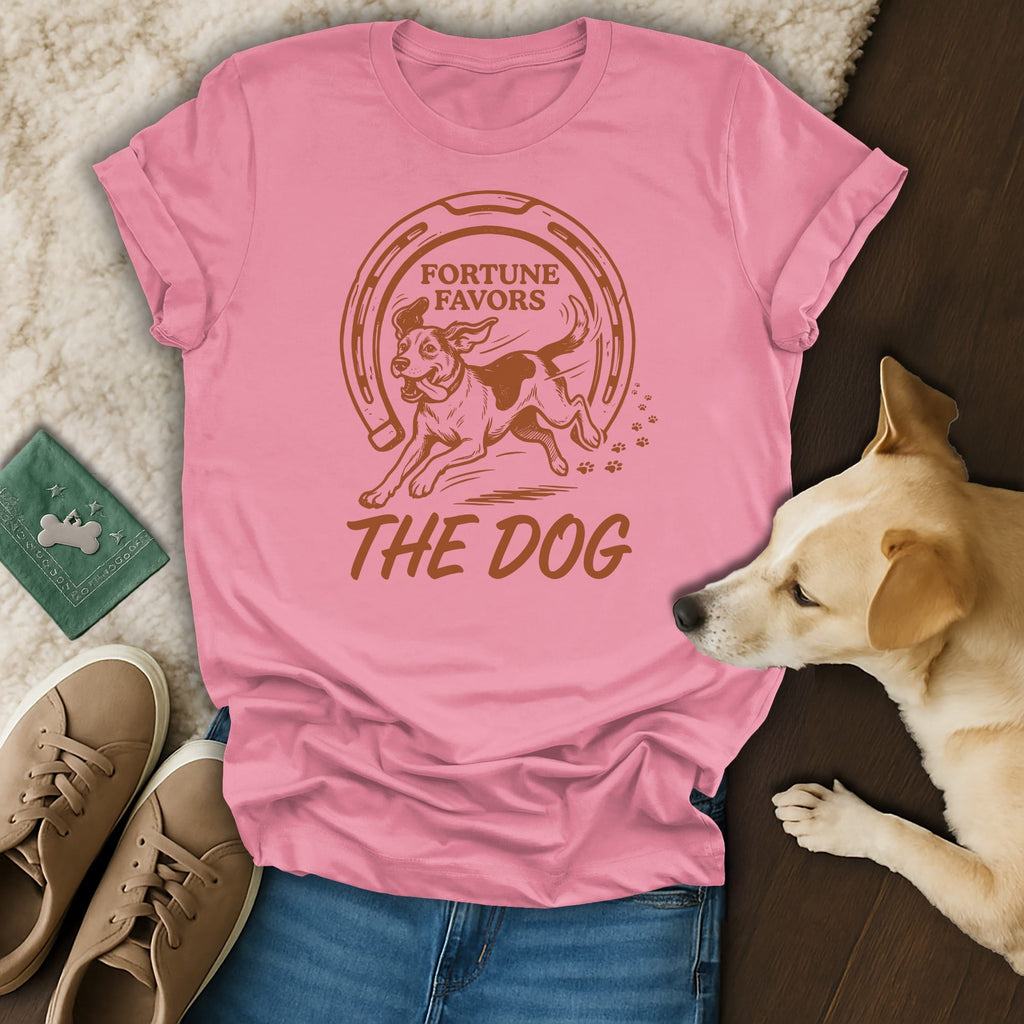 Pink t-shirt with horseshoe and dog graphic, "FORTUNE FAVORS THE DOG" text.