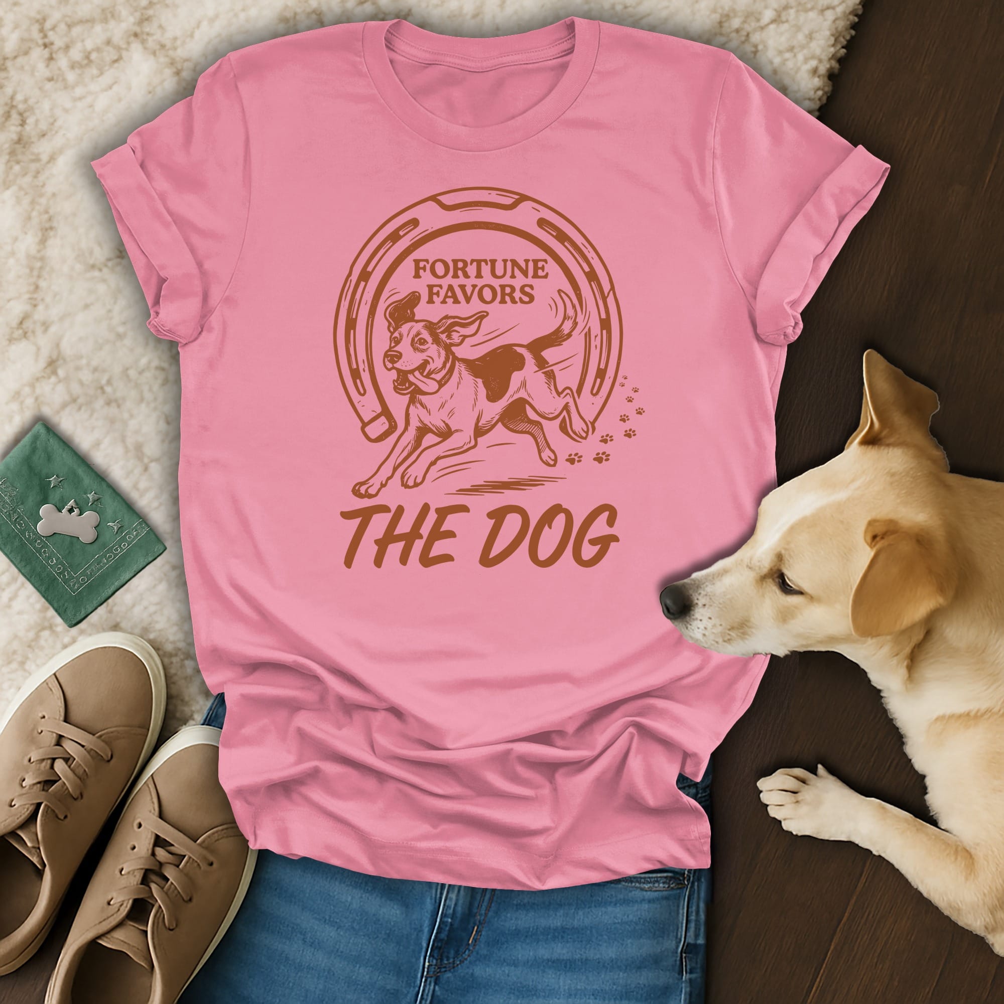 Pink t-shirt with horseshoe and dog graphic, "FORTUNE FAVORS THE DOG" text.