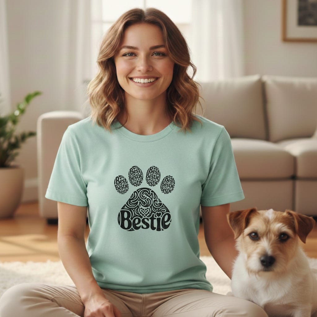 Woman and dog wearing mint green t-shirt with "Bestie" in paw print.