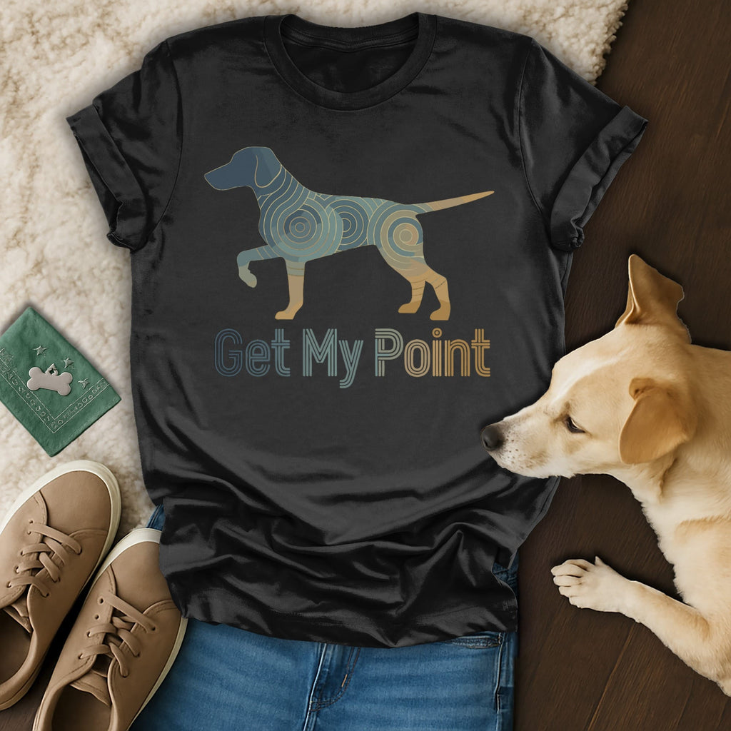 Black t-shirt with a dog silhouette and "Get My Point" text.