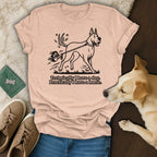 T-shirt with black line drawing of large dog pulling small person; text says "Technically I have a dog. Practically I have a horse."
