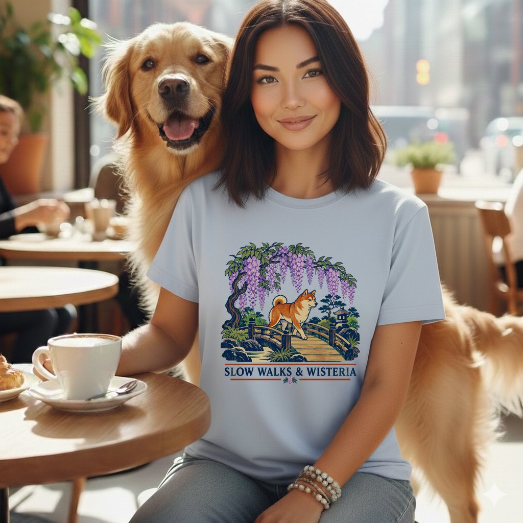 A smiling woman wears a light blue t-shirt featuring a Shiba Inu on a bridge beneath wisteria, accompanied by a golden retriever in a cafe.