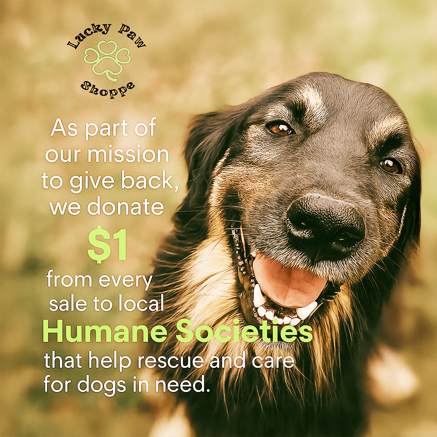 Lucky Paw Shoppe donates $1 from every sale to local Humane Societies.