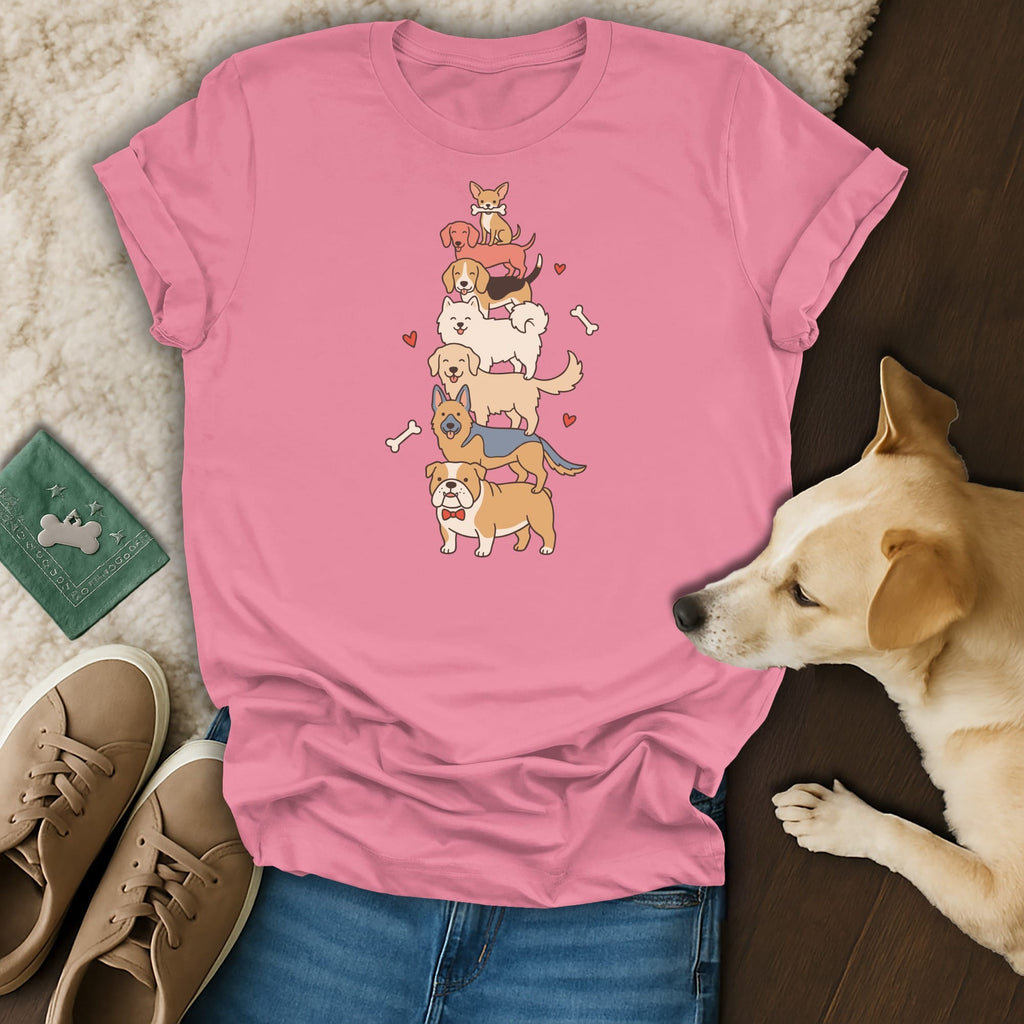 Pink t-shirt with a stacked tower of cartoon dogs wearing a bow tie.