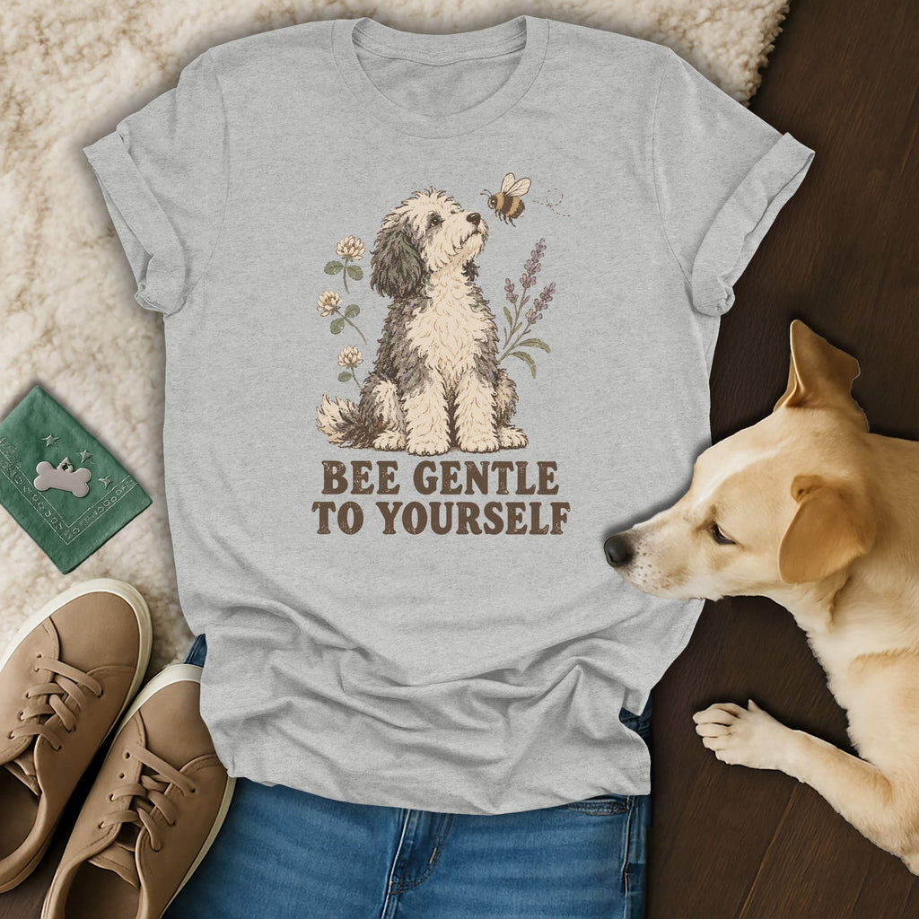 A gray t-shirt featuring a doodle dog illustration and the text "BEE GENTLE TO YOURSELF".
