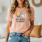 Peach t-shirt with dog in tuxedo and cat in veil, text "fur better or worse".
