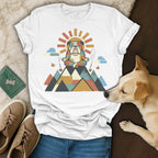 Bulldog meditating on mountain top with sunburst and butterflies.