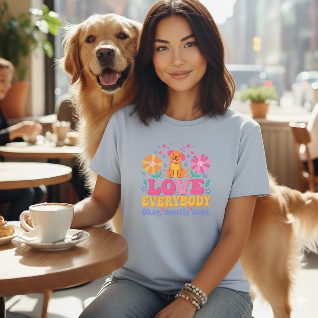 Woman with golden retriever wearing a light blue t-shirt with dog and floral graphic.