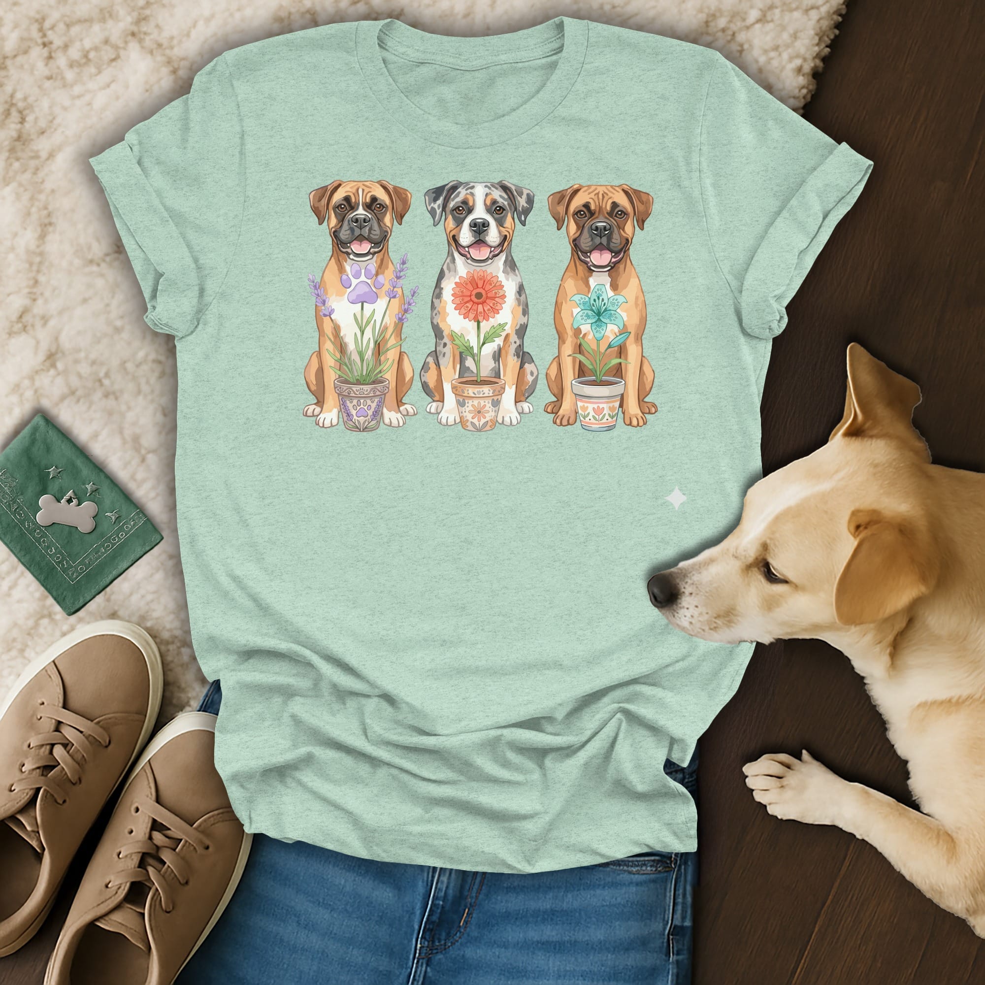 Light green t-shirt featuring three dogs with potted flowers and a light brown dog in foreground.