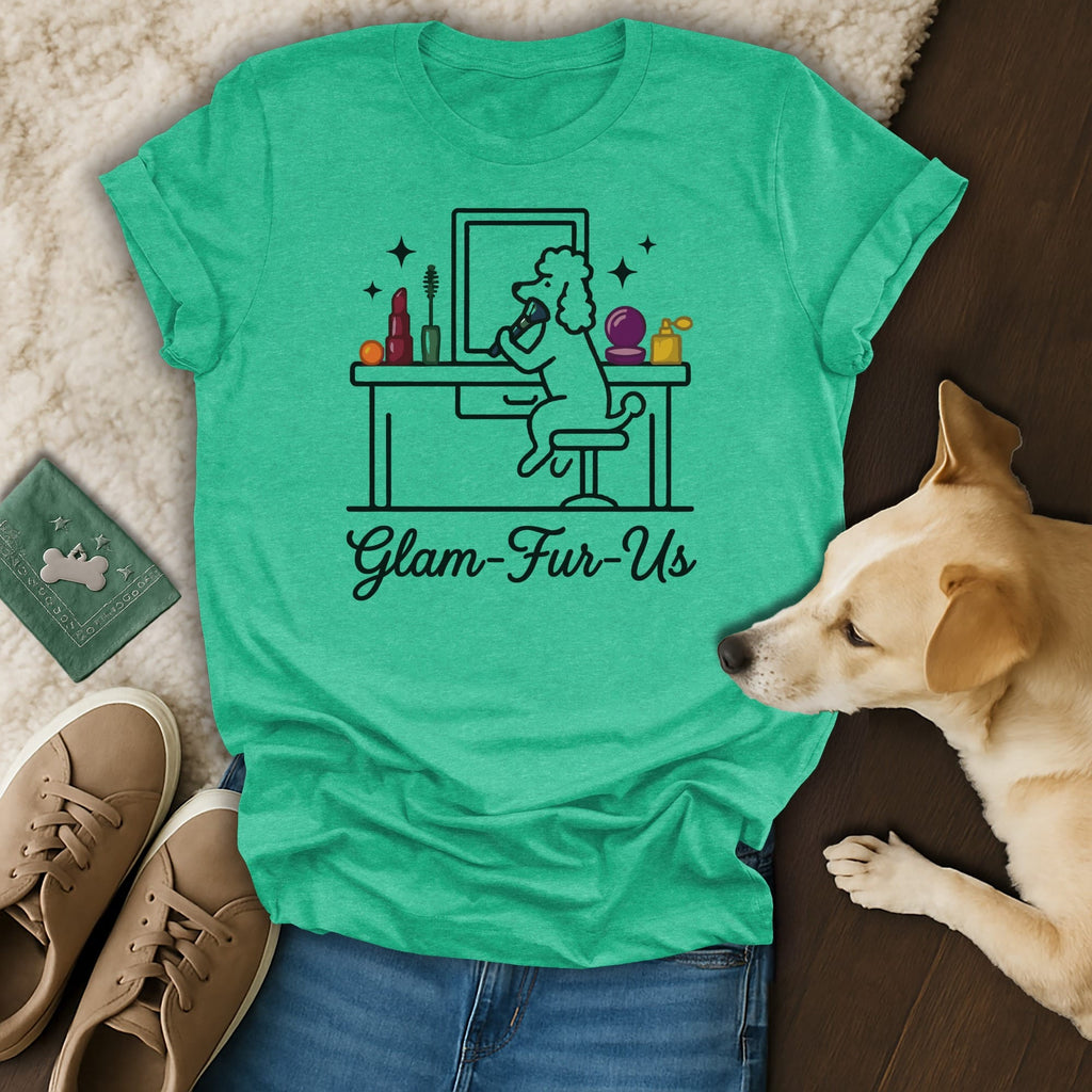 Glam-Fur-Us text on t-shirt with poodle at vanity.
