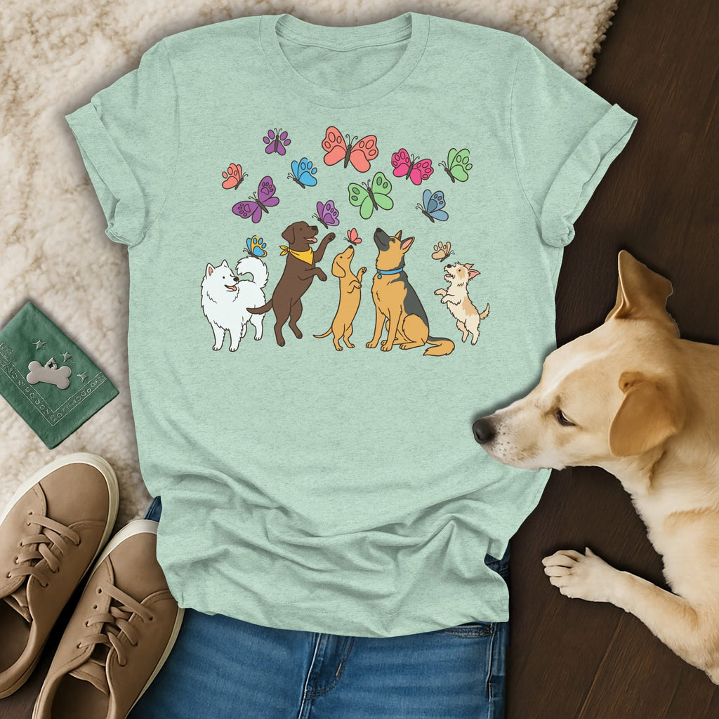 Light green t-shirt with cartoon dogs and colorful butterflies graphic.