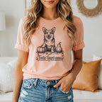 Corgi with pumpkins and "Feelin' Gourd-geous" text on a peach t-shirt.