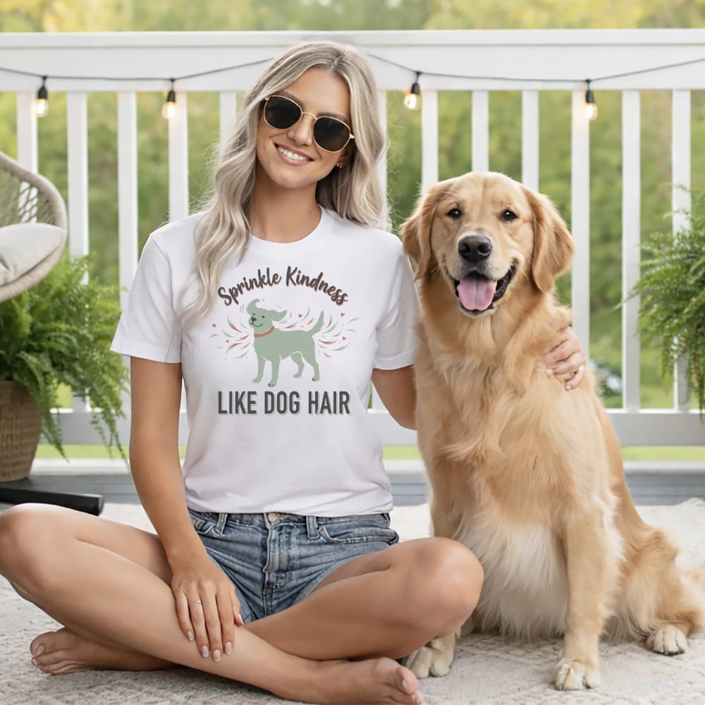 Woman and golden retriever on porch wearing white t-shirt with dog graphic and text.