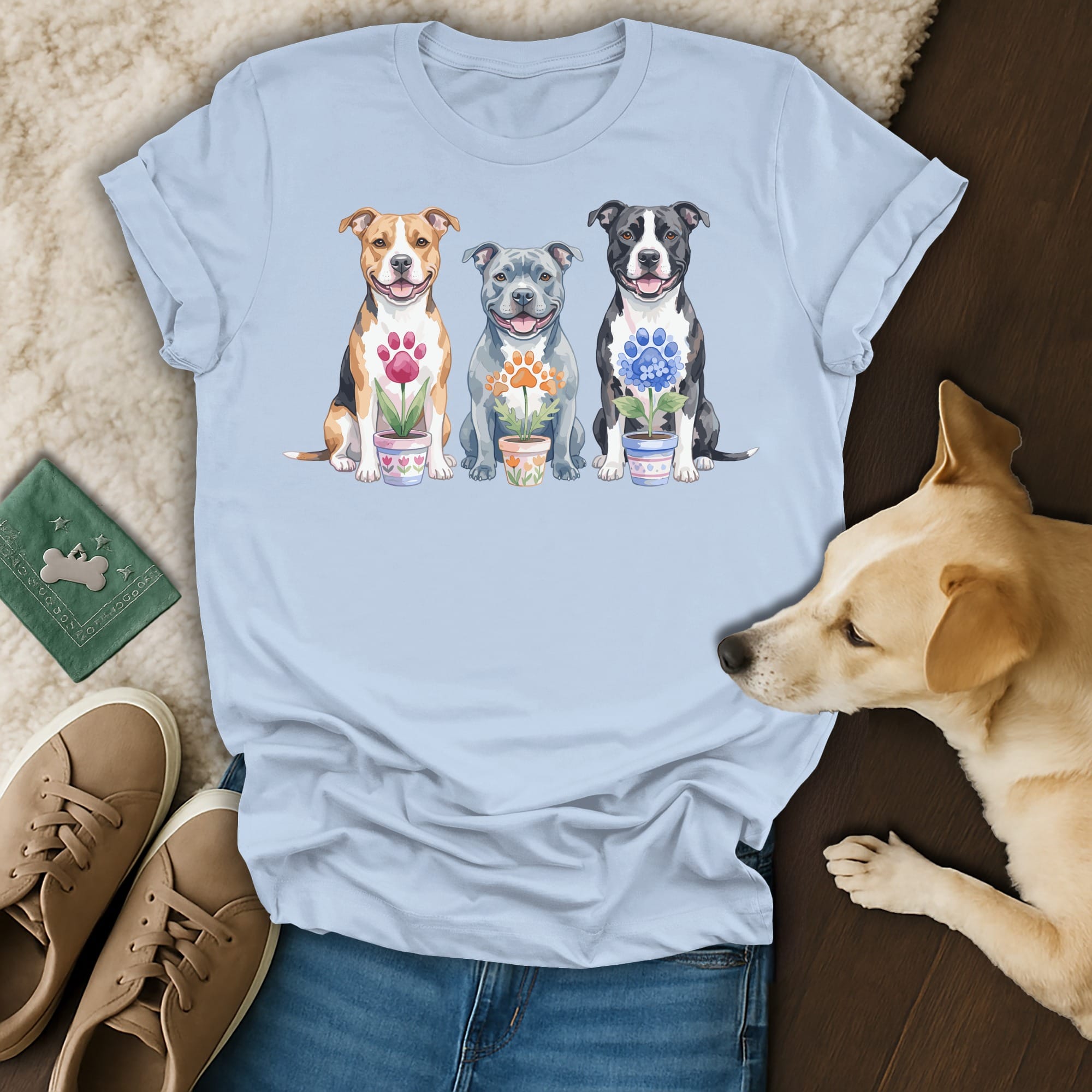 Light blue t-shirt featuring watercolor artwork of three pitbulls with paw prints and flowers.
