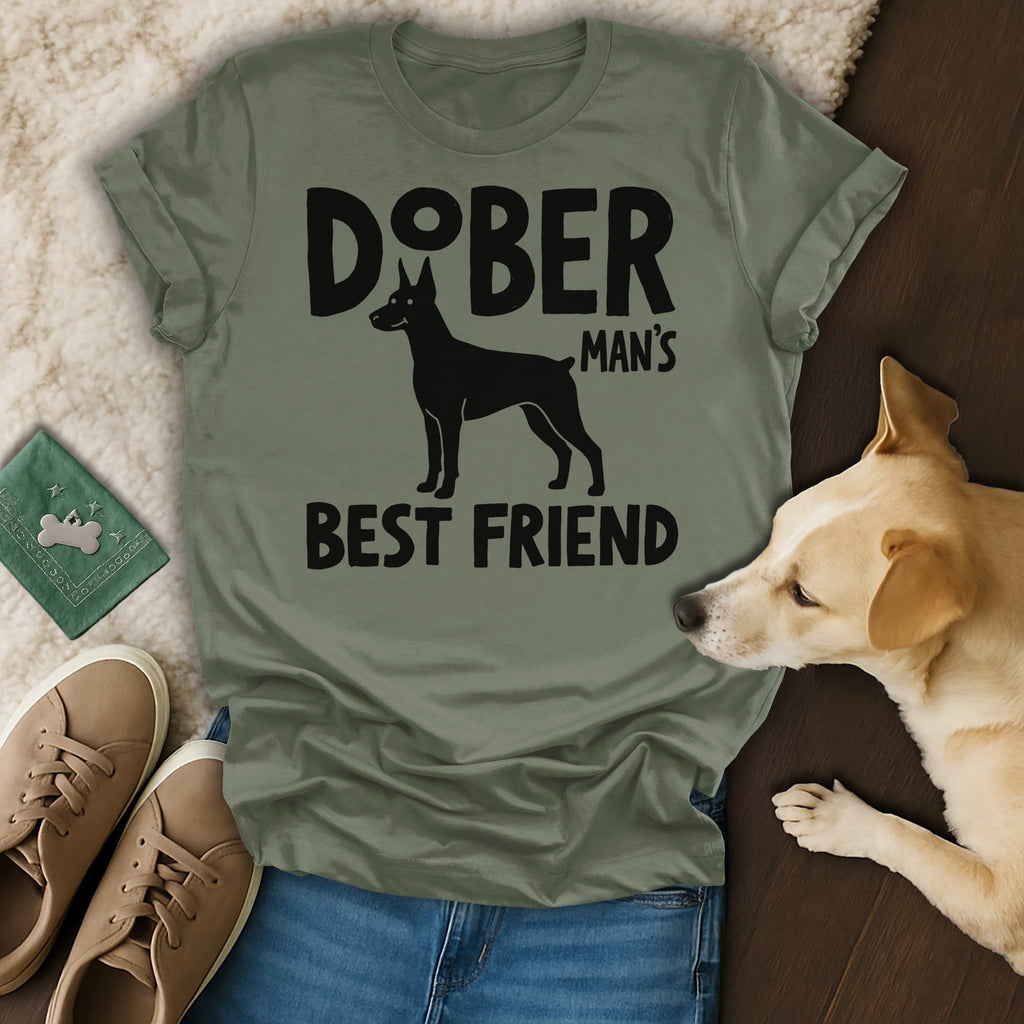 Olive green t-shirt with Doberman Pinscher silhouette and text: DOBERMAN MAN'S BEST FRIEND.