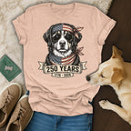 Dog wearing sunglasses and bandana on t-shirt, "250 Years 1776-2026".