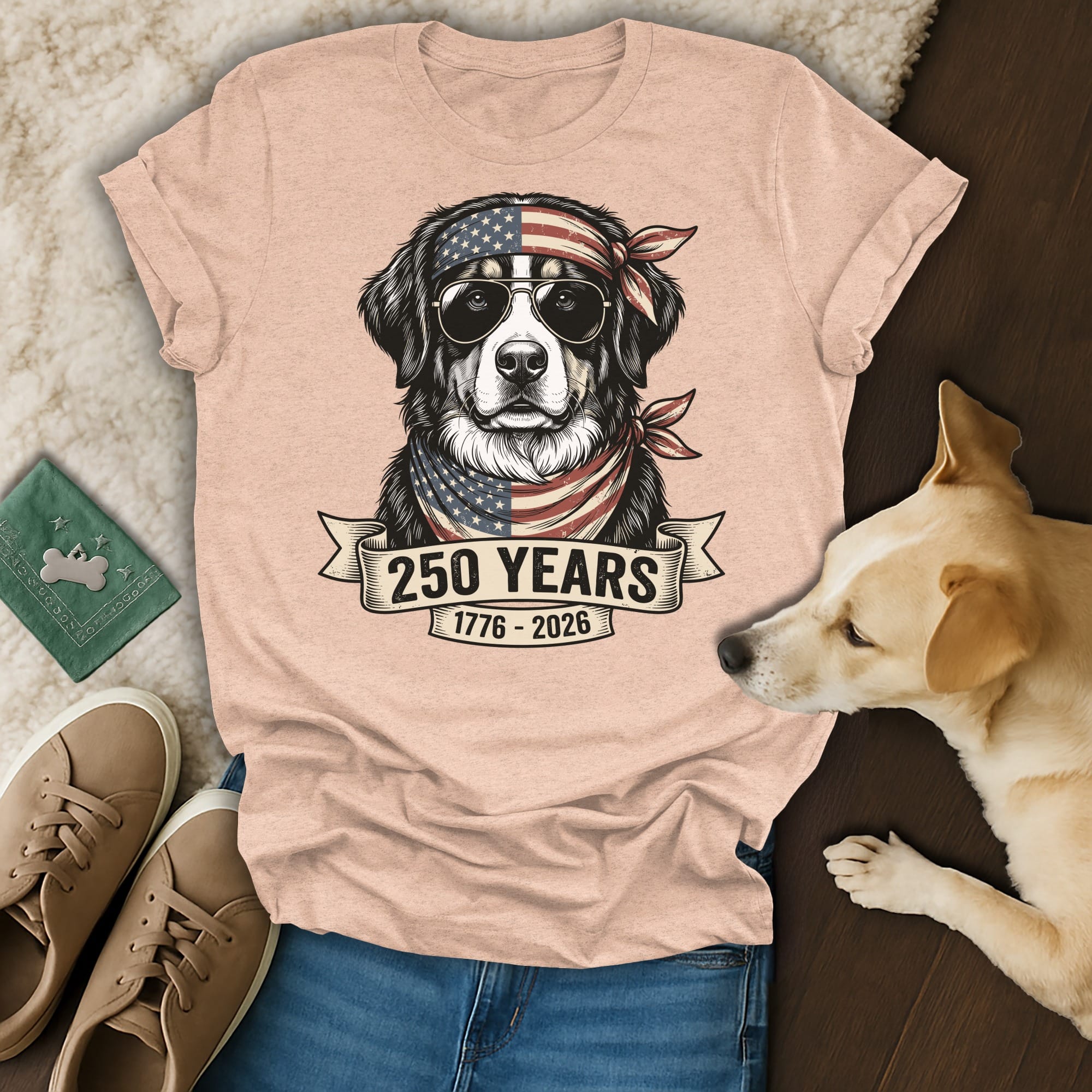 Dog wearing sunglasses and bandana on t-shirt, "250 Years 1776-2026".