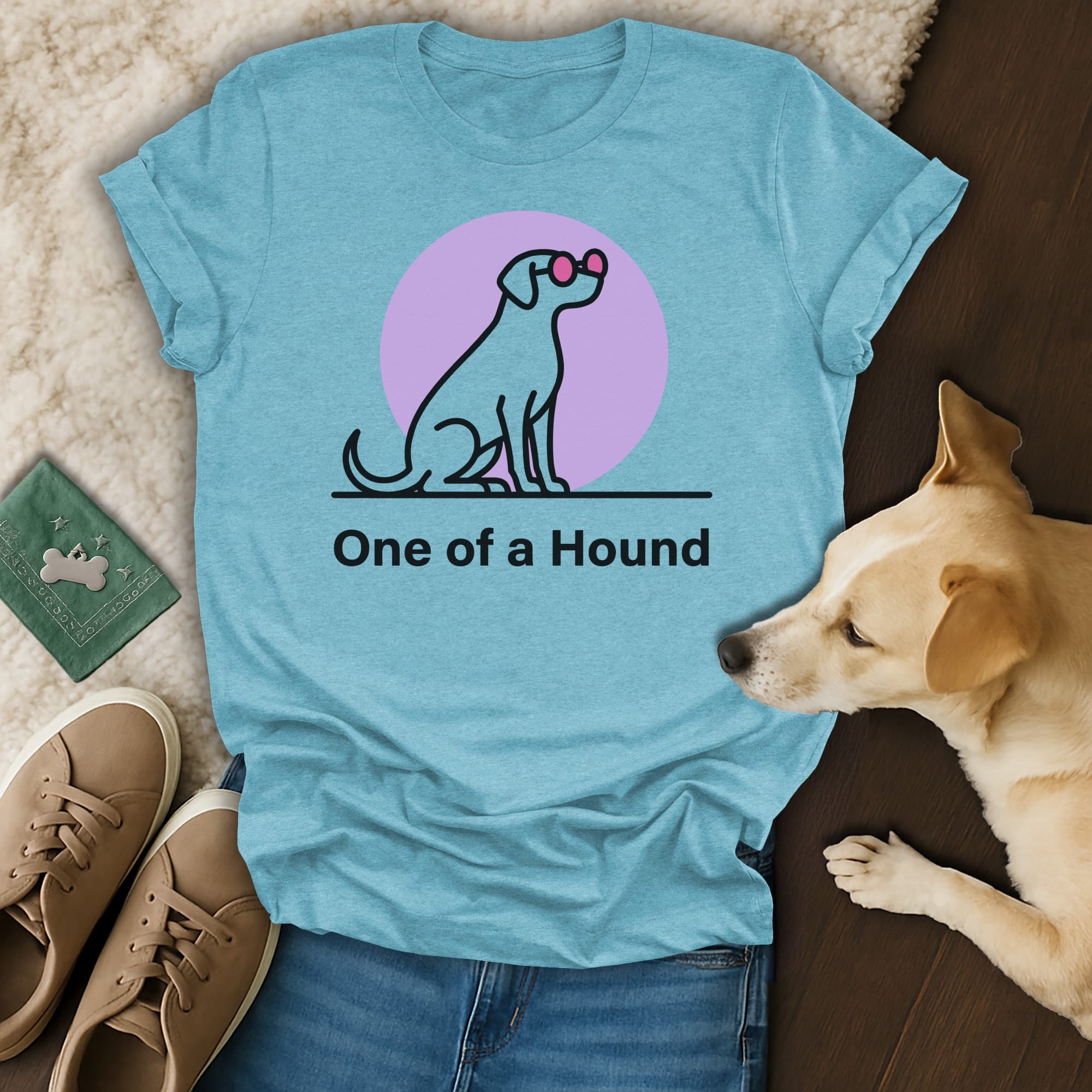 Blue t-shirt with a dog silhouette wearing pink sunglasses and the text "One of a Hound".