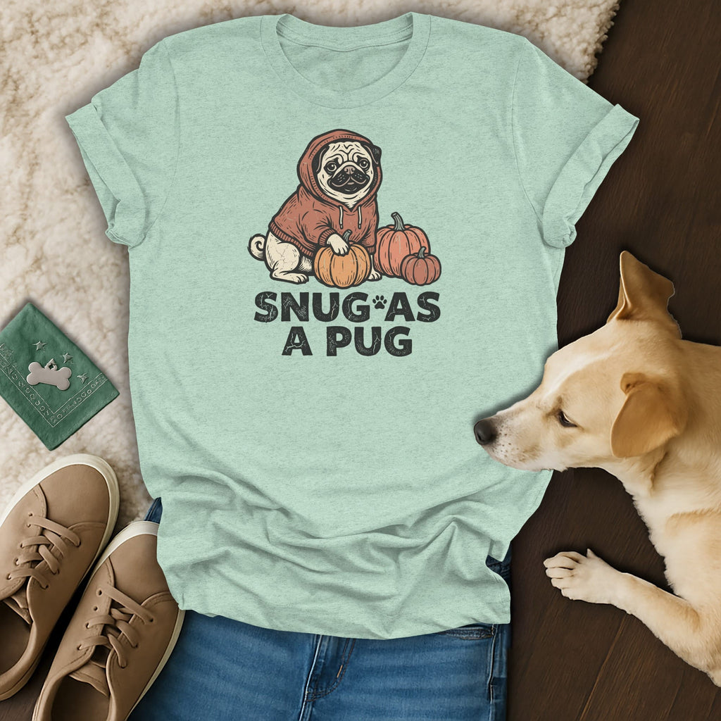 Light blue t-shirt with a pug wearing a hoodie and pumpkins, text "SNUG AS A PUG".