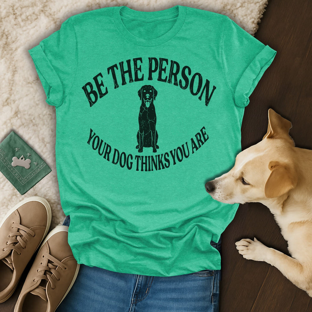 Green t-shirt with a black dog silhouette and text "BE THE PERSON YOUR DOG THINKS YOU ARE".