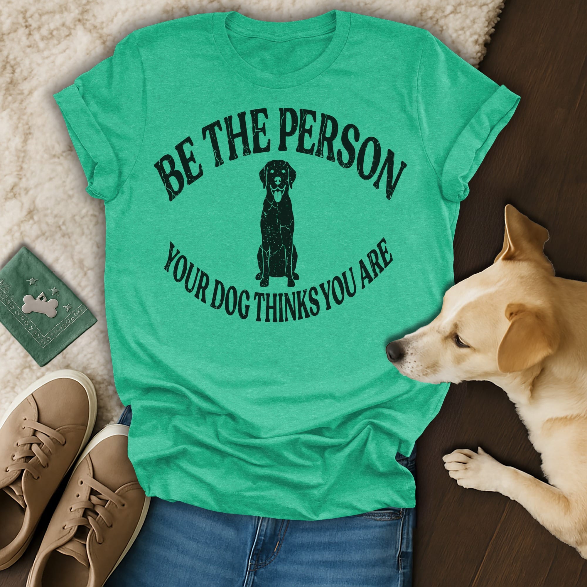 Green t-shirt with a black dog silhouette and text "BE THE PERSON YOUR DOG THINKS YOU ARE".