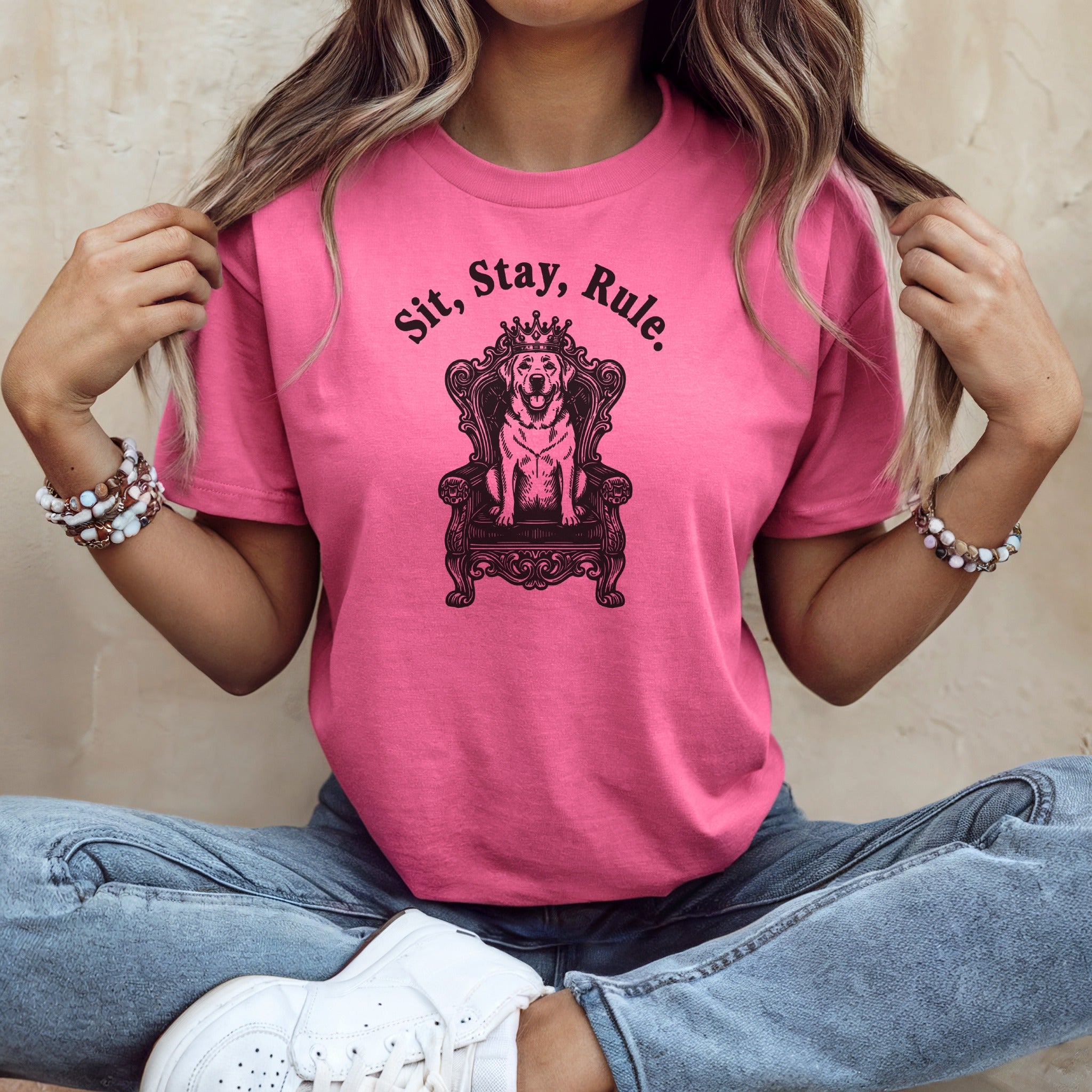 Sit Stay Rule Dog on Throne Graphic Pink T-shirt