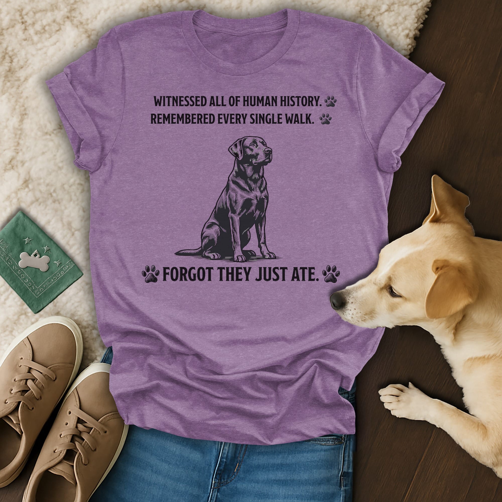 Purple t-shirt with dog saying, "WITNESSED ALL OF HUMAN HISTORY. REMEMBERED EVERY SINGLE WALK. FORGOT THEY JUST ATE."