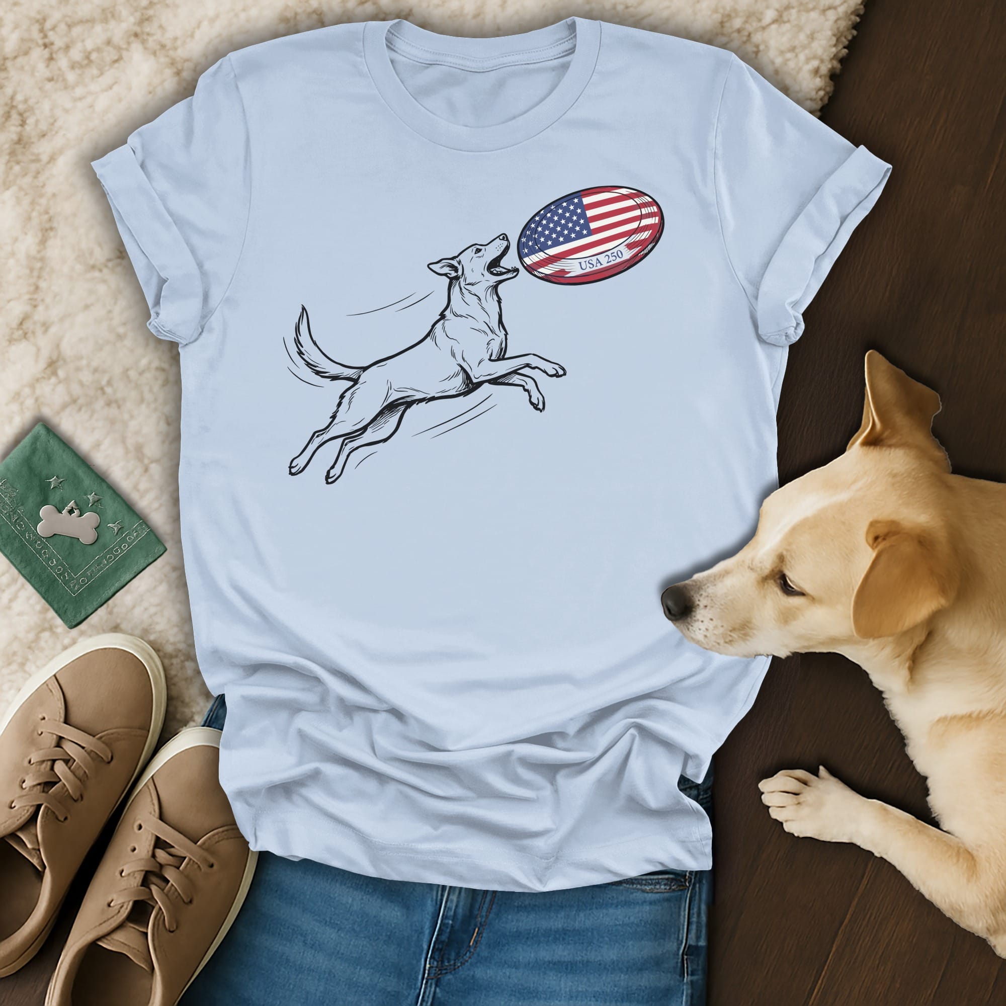 Light blue t-shirt with sketch of dog catching American flag rugby ball.