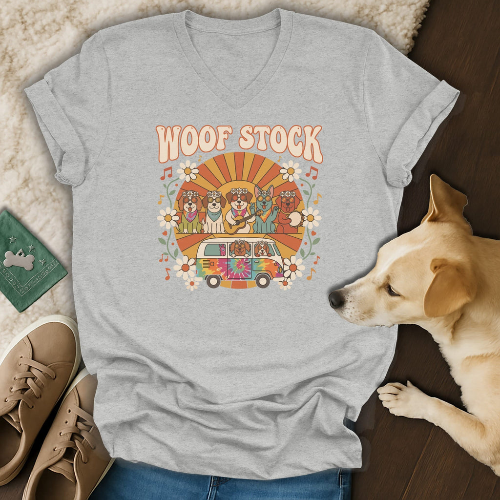 Grey t-shirt with "Woof Stock" text and dogs in a van with musical notes.