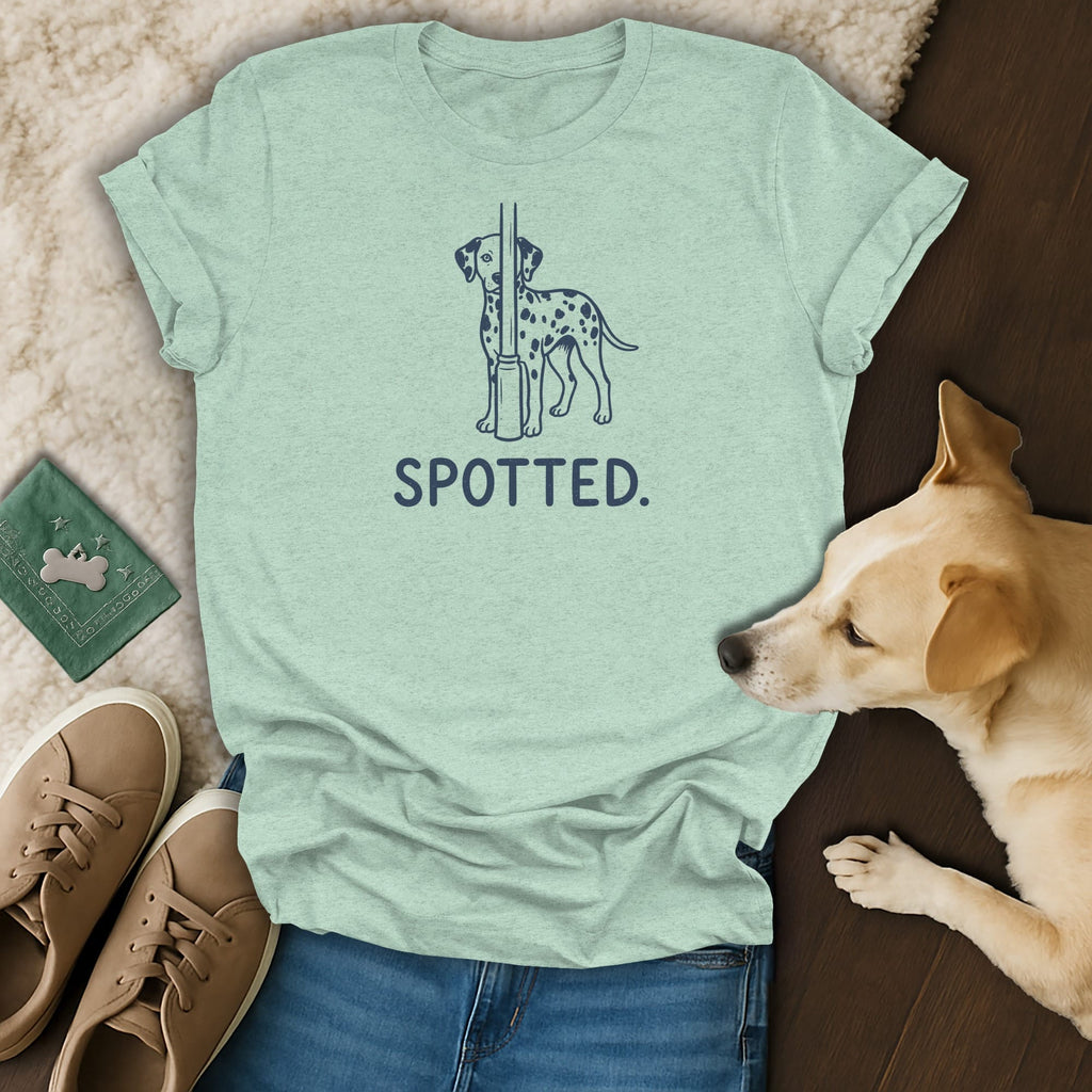 Light blue t-shirt with navy dalmatian graphic and the word SPOTTED.
