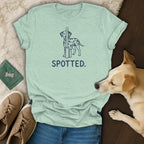 Light blue t-shirt with navy dalmatian graphic and the word SPOTTED.