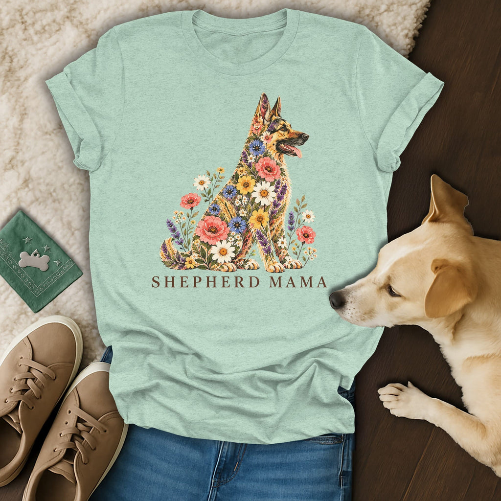 Light green t-shirt with a floral German Shepherd illustration and the text Shepherd Mama.