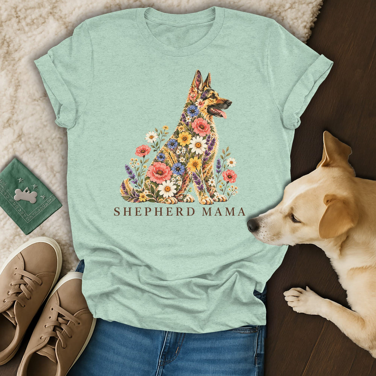 Light green t-shirt with a floral German Shepherd illustration and the text Shepherd Mama.