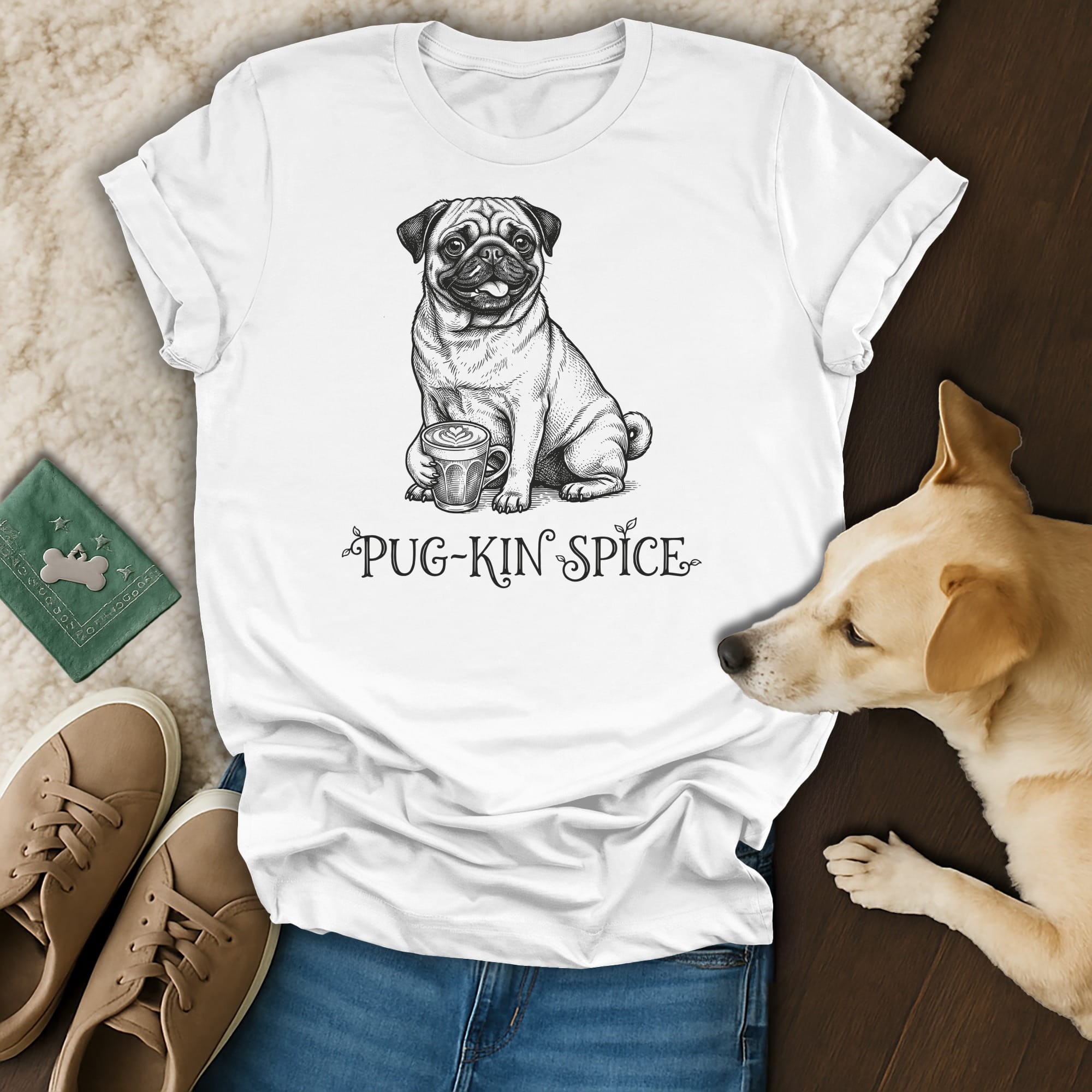 White t-shirt with pug holding coffee cup and text "Pug-Kin Spice".