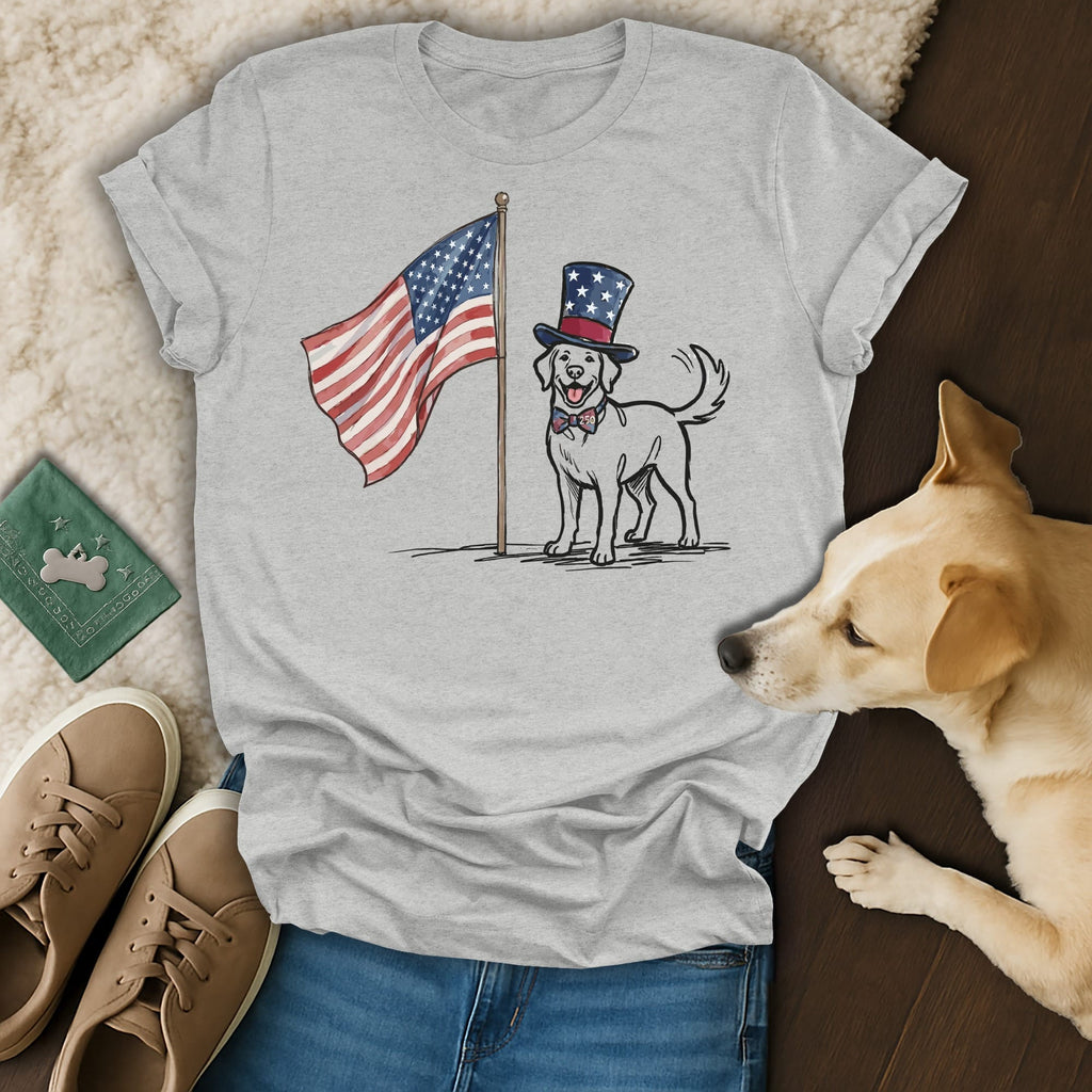 Dog wearing a patriotic hat and bowtie stands next to American flag.