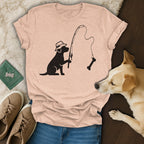 T-shirt with a black silhouette of a dog fishing for a bone.