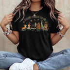 Black t-shirt with "Spring Paws In The Air" text and dogs in spring attire.