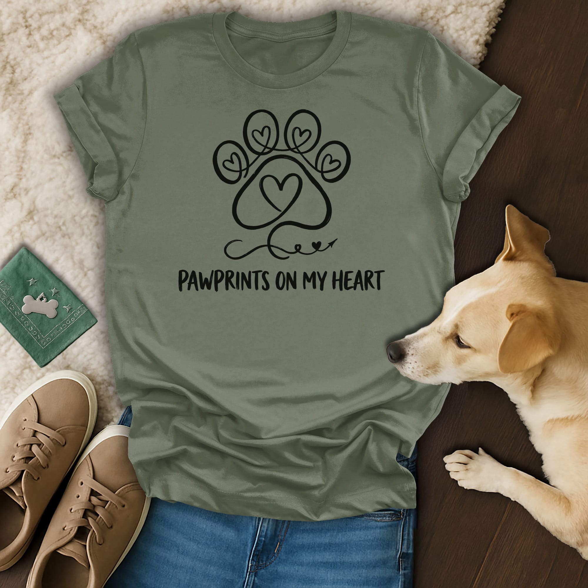 Olive green t-shirt with paw print heart design and "Pawprints on my Heart" text.