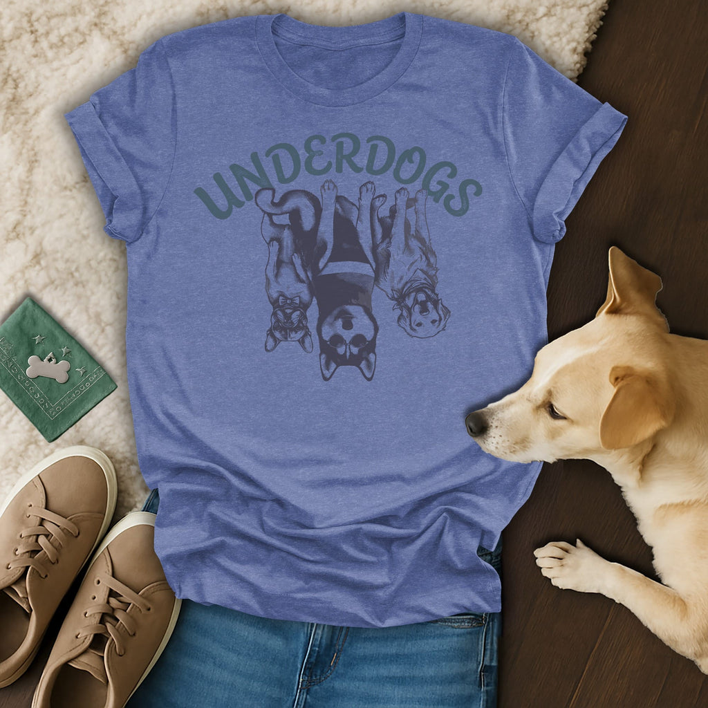 Blue t-shirt with "UNDERDOGS" text and three dogs above a laying dog.