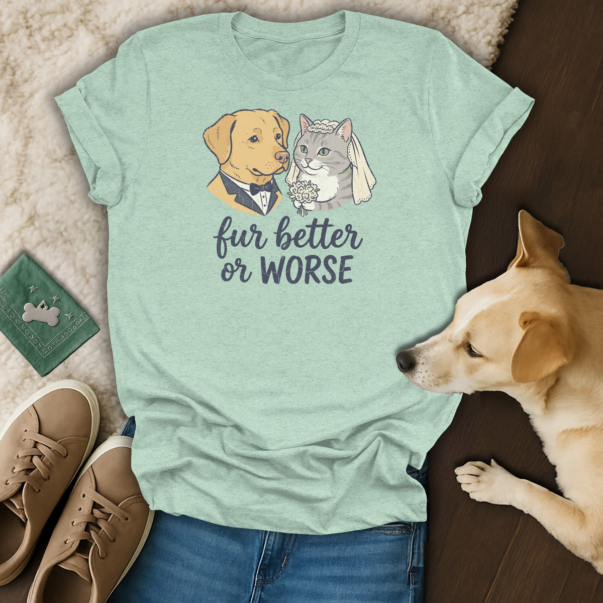 Dog in tuxedo and cat in veil with "fur better or worse" text.