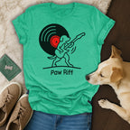 T-shirt with "Paw Riff" text and cartoon dog playing guitar with vinyl record.