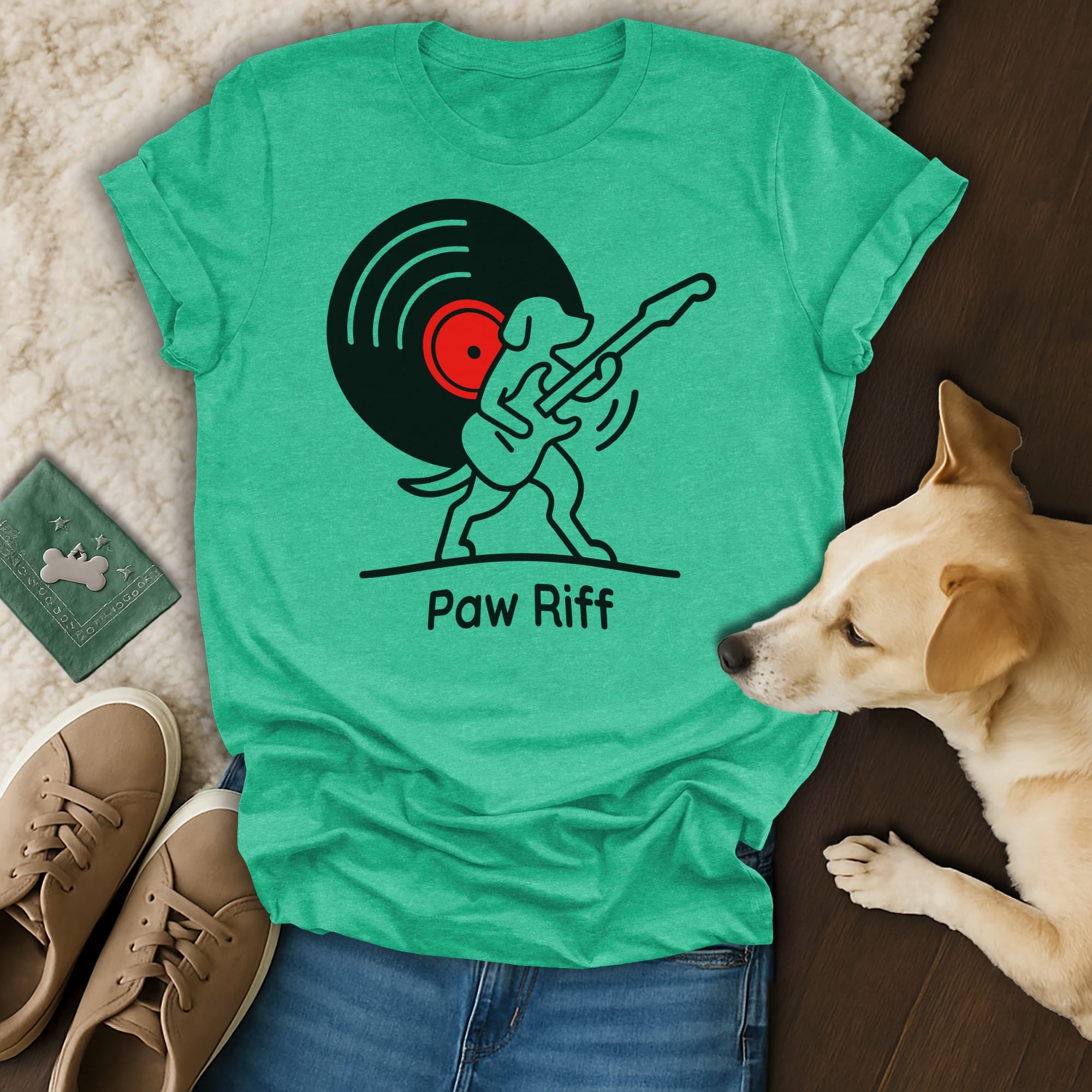 T-shirt with "Paw Riff" text and cartoon dog playing guitar with vinyl record.