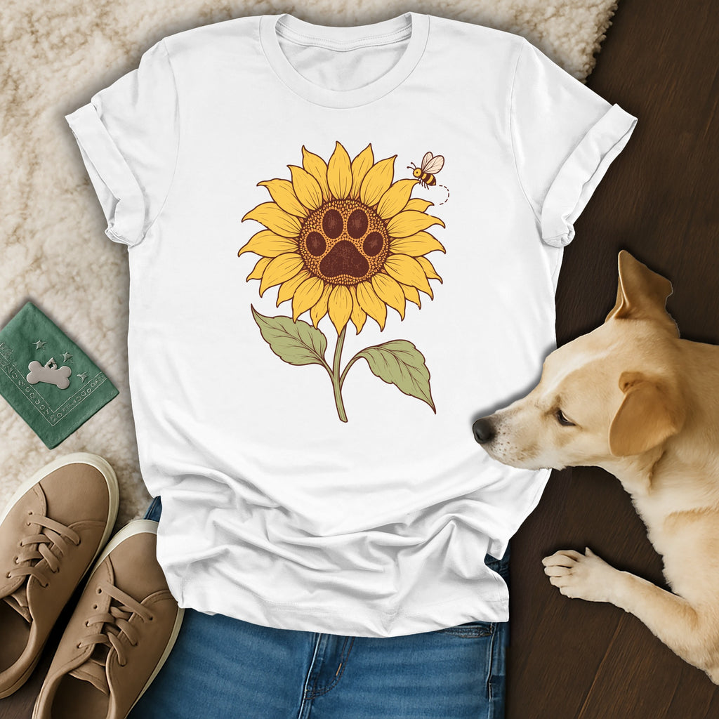 A white t-shirt featuring a sunflower graphic with a dog paw print center and a small flying bee.