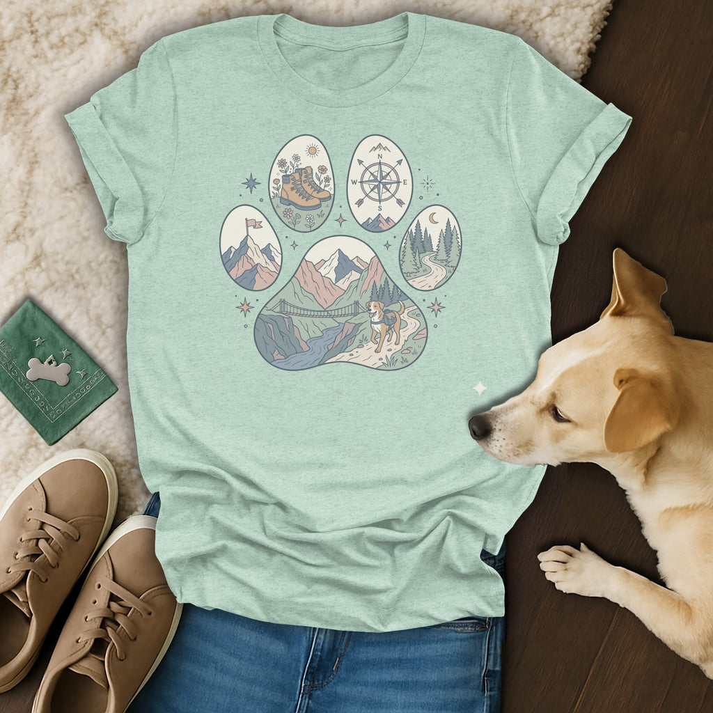 T-shirt featuring a paw print with outdoor adventure scenes and a compass.